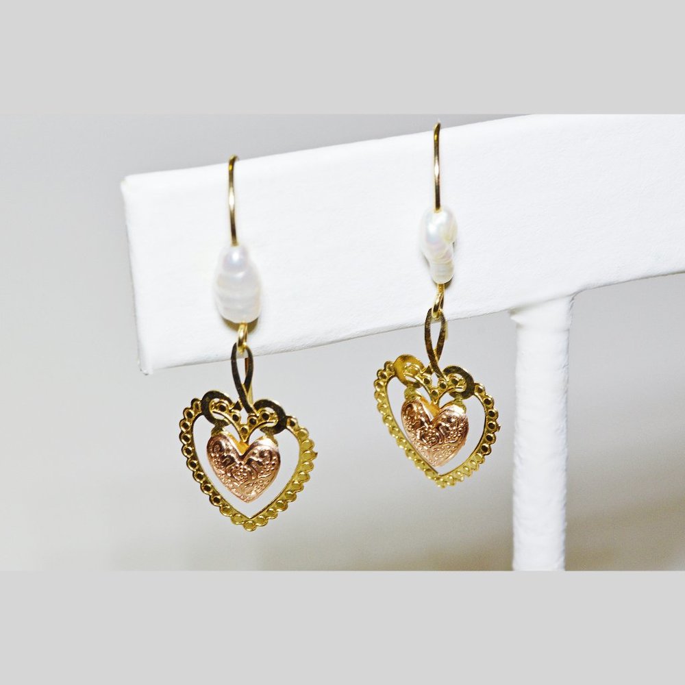 14k Solid Gold Heart Filigree Dangle Earrings - Picture 2 of 3